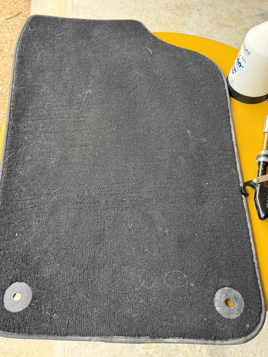 Tapis de sol grisé, fibres chargées de poils et de poussière
